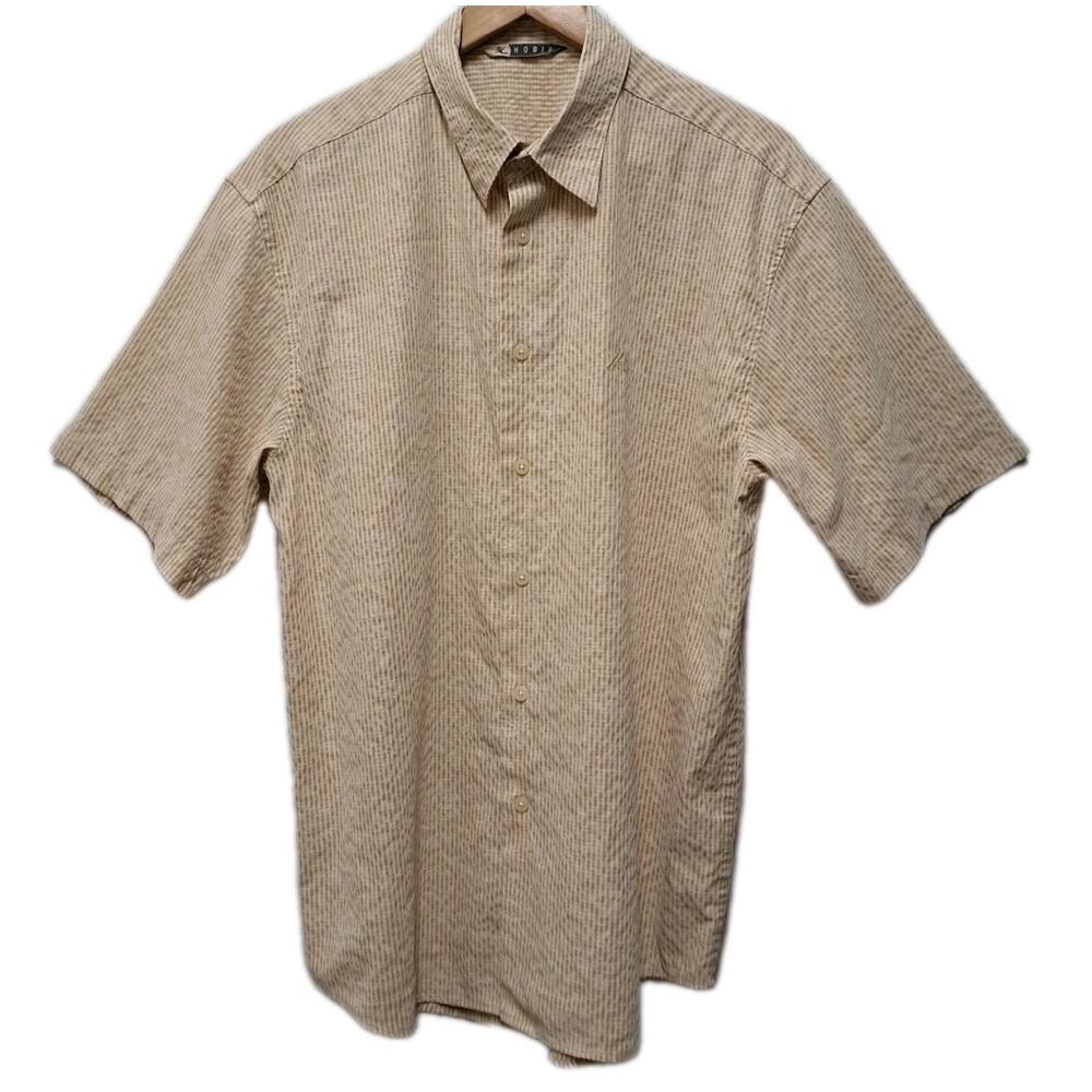 VTG Hobie Shirt Mens Large L Tan Tropical Check Rayon Blend Button Up Surf Beach